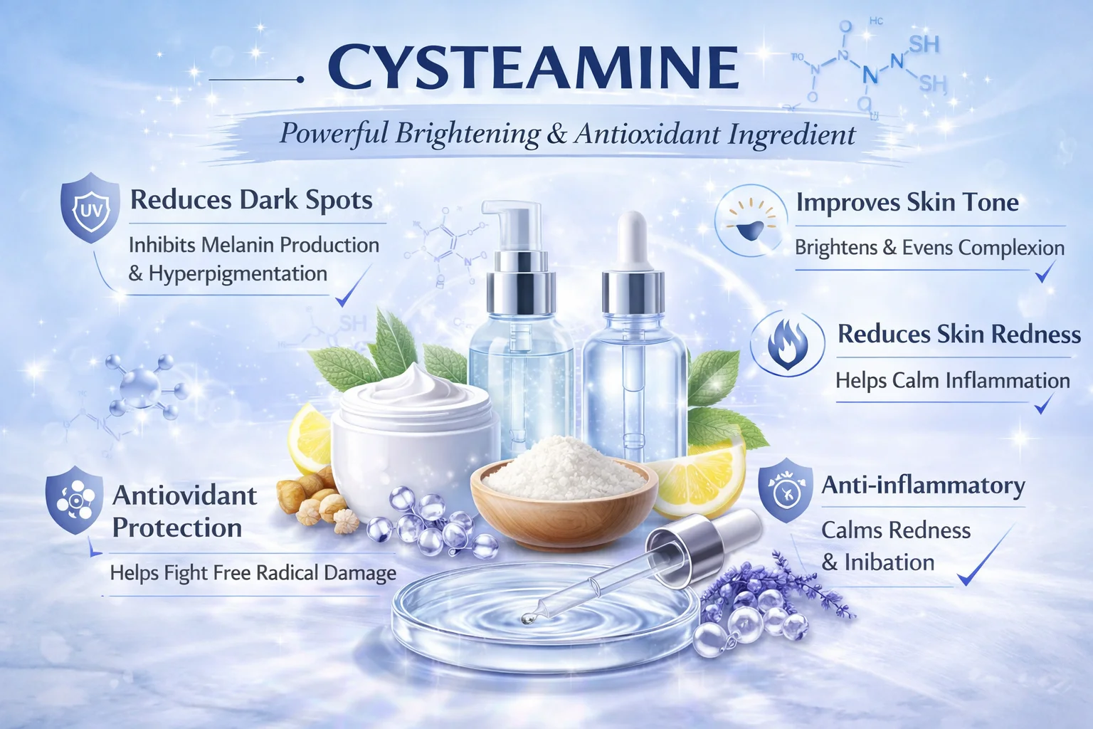 Illustration showcasing cysteamine as a powerful brightening and antioxidant ingredient with benefits like reducing dark spots and redness.